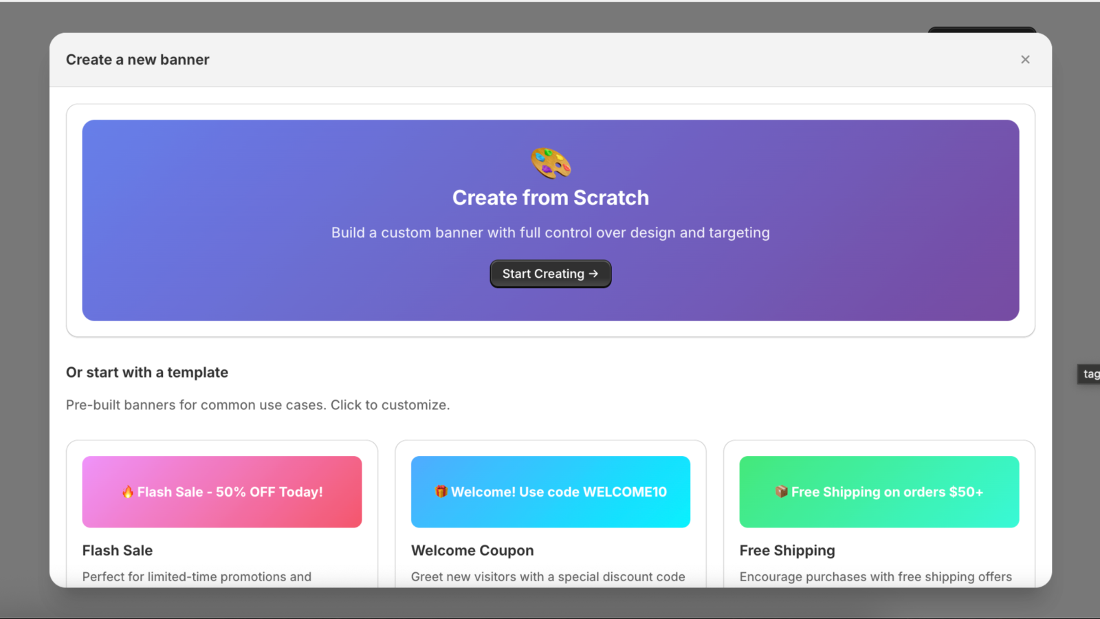 TagTour template gallery showing banner templates and customization options
